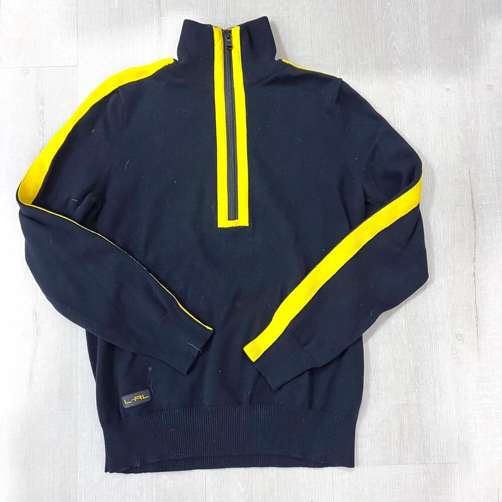 Vintage Lauren Ralph Lauren Womens Size LARGE 1/4 Zip Ski Sweater Black Yellow